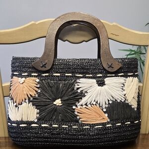 Black Straw Tote with Cream and Tan Embroidery And Wood Handles